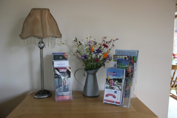 information leaflets of local area, flowers and lamp